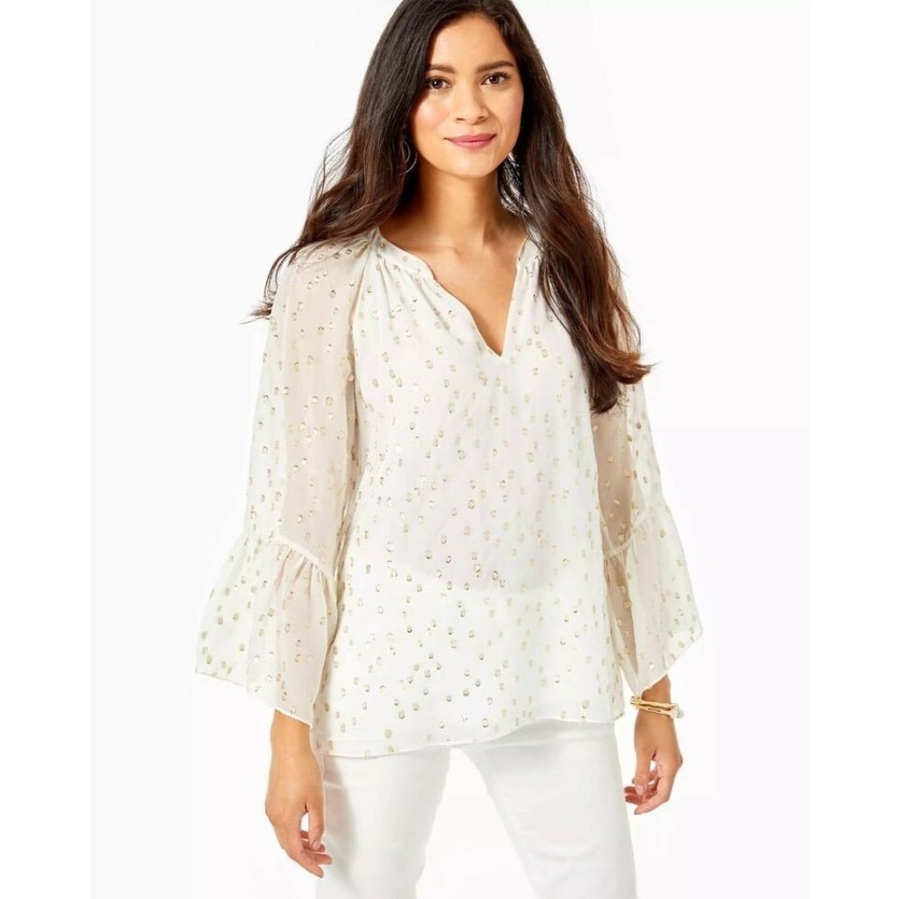 Lilly Pulitzer Matilda Silk Top Coconut Gold S